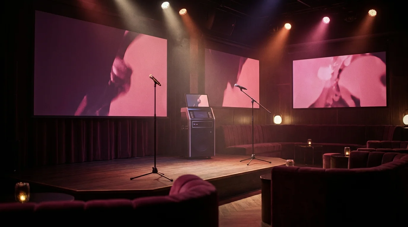 Karaoke stage with microphone stands under spotlights